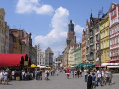 Rynek med tårnet til Elizabeth-kirken, Wroclaw, Unesco Verdensarv, middelalder, markedsplass Rynek, Odra, Sør-Polen, Polen