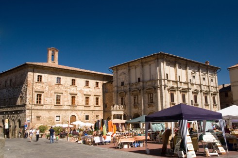 Piazza Grande, Mercato, marked, Montepulciano, gamleby, historisk, Toscana, Midt-Italia, Italia