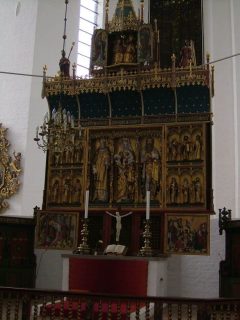 aarhus domkirke altertavle, triptych laget av Lübeck-mesteren Bernt Notke, Århus, Jylland, Danmark