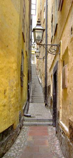 Middelaldersmuget Morten Trotzigs Gränd, Stockholm, Gamla Stan, gamlebyen, Unesco Verdensarv, Sverige