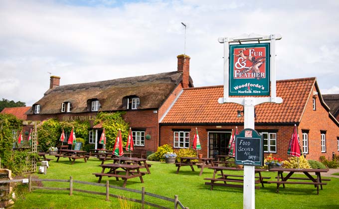 Fur and Feather Inn og pub tilhører Woodfordes Brewery utenfor Norwich. Foto: © Woodfordes Brewery