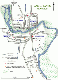 Norwich, East Anglia, England, Storbritannia, Wensum, Tombland, Norwich Cathedral, St Peter Mancroft, Elm Hill, Castle Mound, Castle museum, The Bridewell, The Museum of Norwich at The Bridewell, Pottergate, Pull’s Ferry, Cow Tower, Guildhall, Princes Street, Maid’s Head, Bishop’s Bridge, Riverside