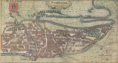 Kart over Norwich i middelalderen, etter år 1340 - bymurene er på plass. Kilde: Wikipedia