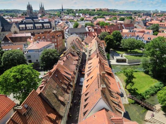 Erfurt, Thüringen, Tyskland, middelalder, Krämerbrücke, Domplatz, Dom St. Marien, St. Severikircher, Fischmarkt, Kleinmarkt, Alte Synagoge, Martin Luther, Augustinerkloster, Anger, Angermuseum, Zitadelle Petersberg, Marktstrasse